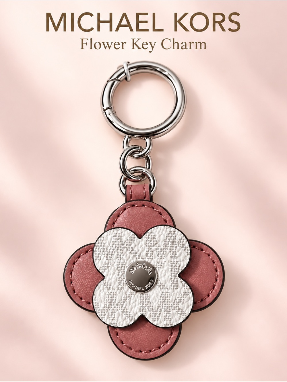 Michael Kors NWT Pink and White Flower Key Charm with Silver Hardware